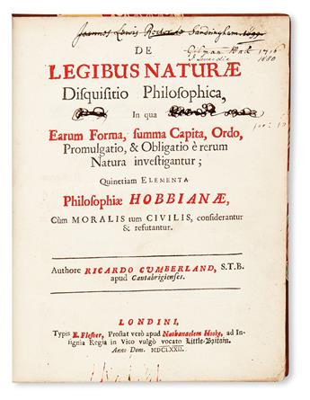 LAW  CUMBERLAND, RICHARD. De legibus naturae disquisitio philosophica.  1672